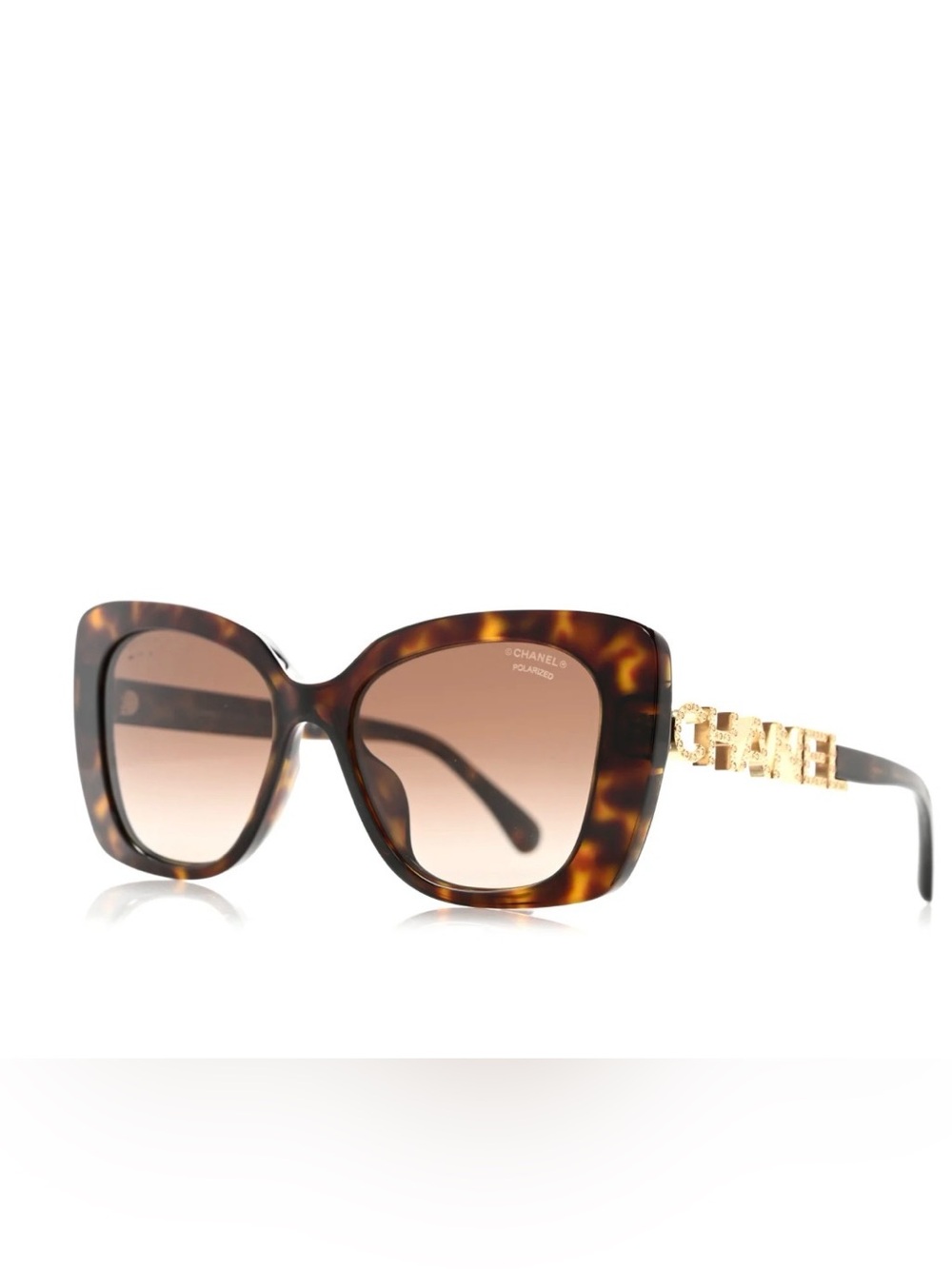 NEW CHANEL Tortoiseshell Square Sunglasses with Gold Logo Temples Brown Gradient